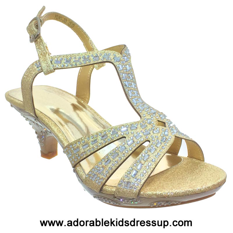Gold high heels for kids; sparkling t-strap girls high heels dress ...