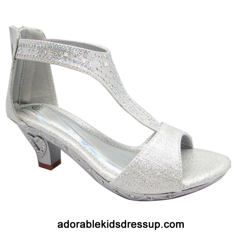 Silver Rhinestones Kids Open Toe Girls Kitten Heels Youth Party Shoes Size 1